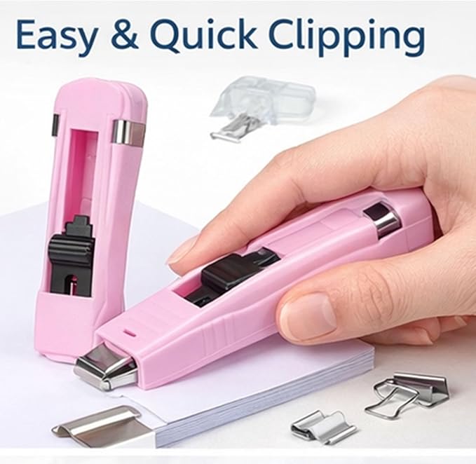 Portable Binder Clip Stapler Mini-Includes 58 Reusable Clips, Reusable Desktop Stapler with Clip Dispenser，Mini Push Stapler Clamp Staplers for Desktop Document Home School Desk (2PCS F)