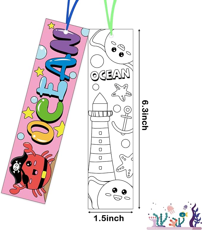 Haooryx Sea Animal Color Your Own Bookmarks - 72Pcs Kids Coloring Blank Bookmarks Creative DIY Book Marker Paper Art Craft Supplies Teachers Students Rewards Reading Enthusiasts Summer Birthday Gifts
