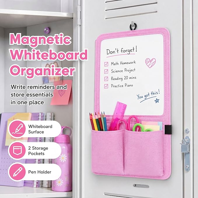Briwooody Magnetic Locker Organizer 7.8 x 12.6 Inch Locker Accessories Magnetic White Board with Holder Bag Back to School Holder Bag First Day of School Supplies for Cabinet Refrigerator(Light Pink)