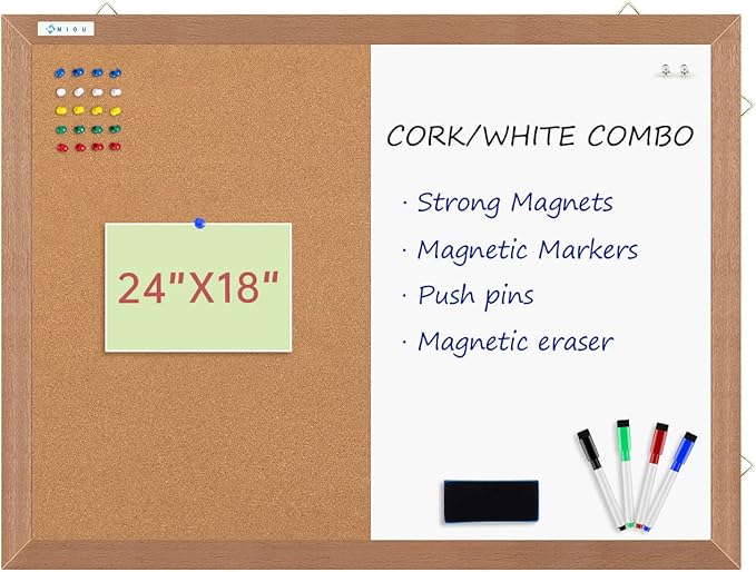Combination Magnetic Whiteboard Cork Bulletin Board, 24" X 18“ Combo Dry Erase White Board Cork Pin Board for Wall with Natural Wood Frame…
