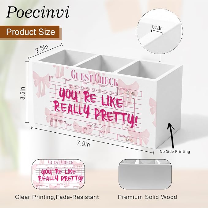 Trendy Coquette Pink Bow Pen Holder for Home Office Desk, Pink Girly Office Decor, You're Like Really Pretty Guest Check Wooden Box Sign Pencil Holder for Desk Shelf Organizer