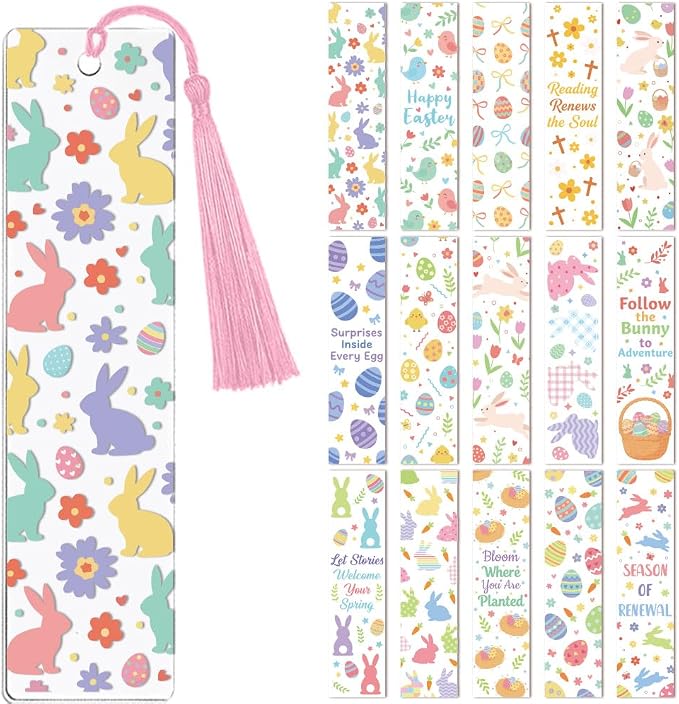 Peacoblue 30pcs UV DTF Bookmarks Transfer Stickers Wraps Spring Easter Bunny and Eggs for Women Men Reading, Waterproof Bookmarkers Decal(No Blank Bookmarks) for Acrylic Plastic Metal Blank Bookmark
