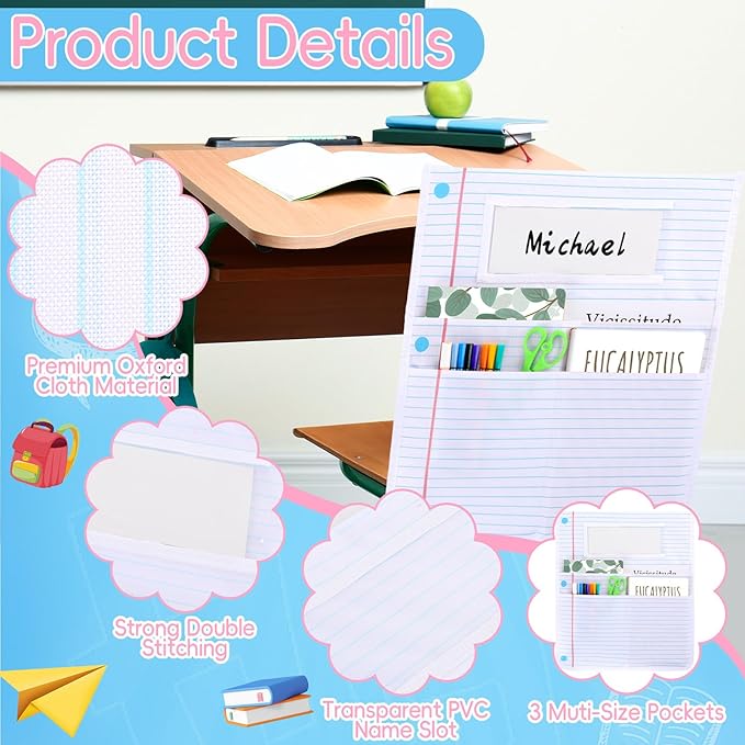 gisgfim 24Pcs Notebook Chair Pockets for Classroom Notebook Chair Back Buddy Pocket with Name Tags 17x20In Chairs Organizer 3 Pockets Seat Storage Pocket for School Classroom Daycare Home Supplies