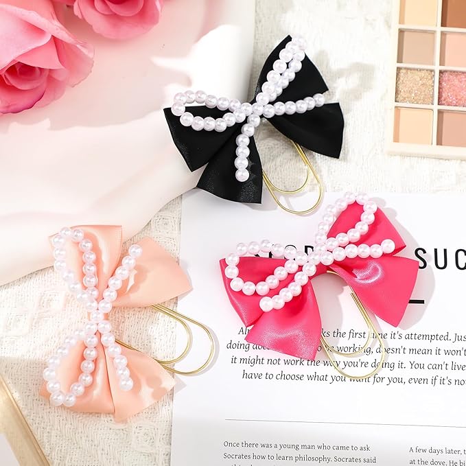 Chunful 3 Pcs Satin Bow Bookmarks with Gold Clip, Pearl Ribbon Bow Paper Page File Planner Marker Paperclips Girly Cute Bookmark for Women Aesthetic Book Lover Gifts Elegant Book Accessories