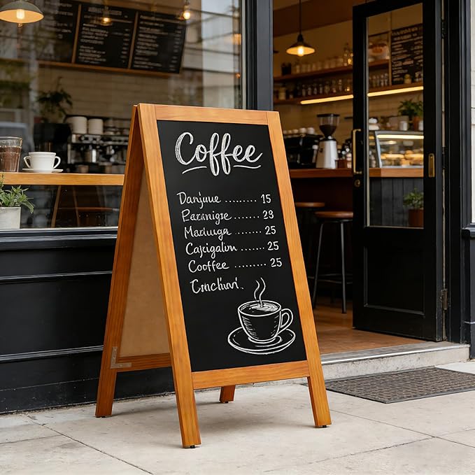 4 THOUGHT A-Frame Double-Sided Magnetic Chalkboard 40"x20", Solid Pine Wood Freestanding Sandwich Board for Restaurants, Cafes, Weddings (Caramel)