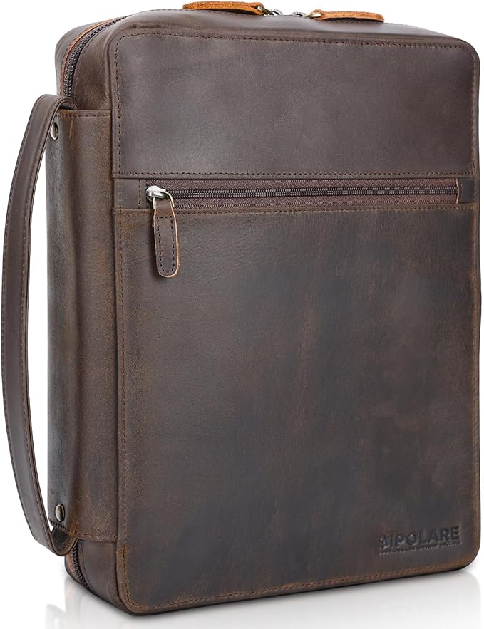 Polare Full Grain Leather Bible Cover Church Bag Bible Protective Book Holder Carrying Case Folder Organizer Portfolio, Dark Brown