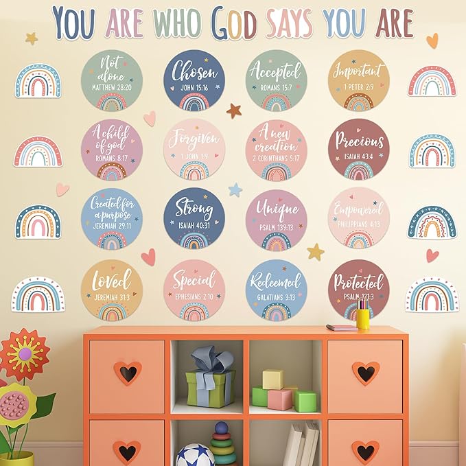 Christian Bulletin Board Decoration Religious Boho Rainbow Bulletin Board Set God Says You are Church Classroom Wall Decor Boho Motivational Inspirational Cutout for Sunday School Home Church Supplies