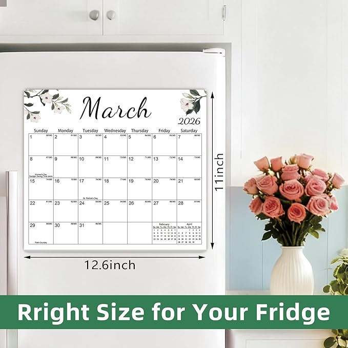 Magnetic 2026 Calendar for Refrigerator, Fridge Magnet Calendar from Dec 2025 to Dec 2026, Aesthetic Family Kitchen Large Paper Calendars with Floral Design, Tear-off Pad for Planners & Organizers (12.6"x11")
