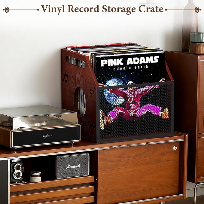 Vinyl Record Storage Crate with Handle, Wood and Metal Mesh Record Holder Holds 60 LPs, Easy Assembly Vinyl Storage Box for Home Office Record Store
