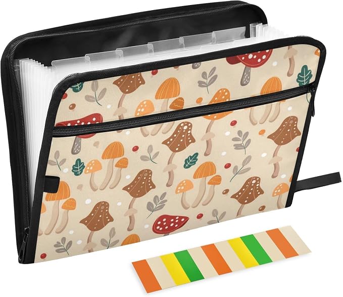 Mushroom Pattern Design Expanding File Folder with Sticky Labels, 13 Pockets Accordion File Folder Document Organizer Expandable Zip File Folder with Zipper Closure