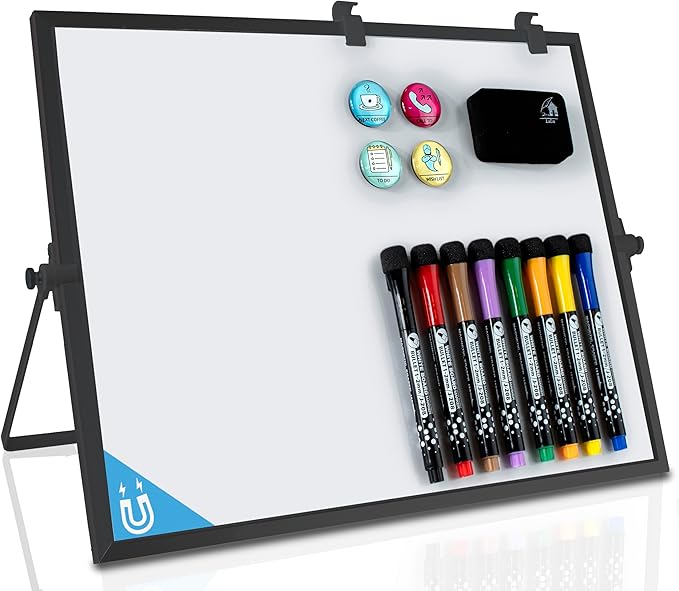 12x16 Magnetic Whiteboard with Stand - Double-Sided Dry Erase Board, Black Frame, 8 Fine-Tip Markers, 4 Magnets & Eraser | Desk, Wall & Lapboard Use