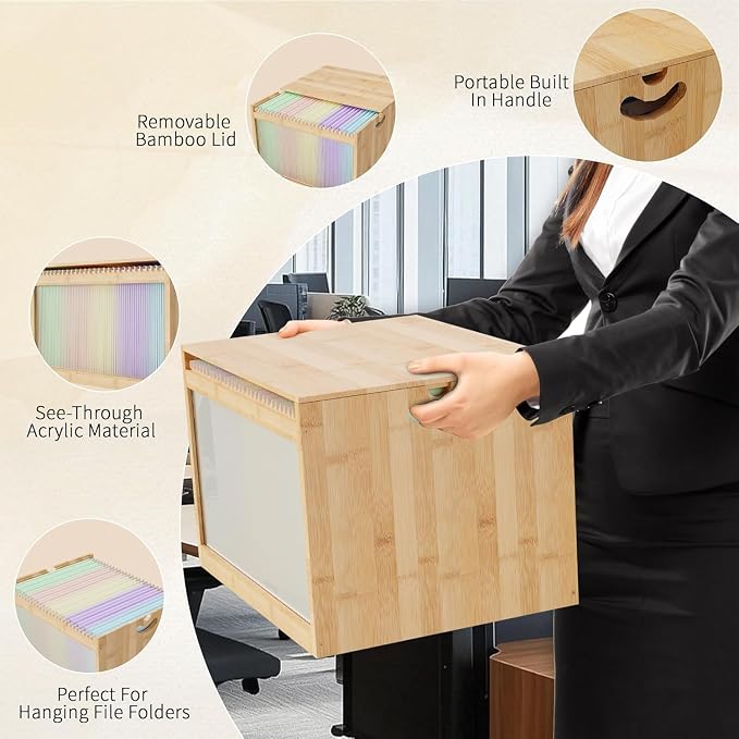 Bamboo Hanging File Boxes with Lids 2 Pack, File Organizer Box for Letter/Legal File, File Box with Hanging Folders Acrylic Light Easy Assembly File Storage Boxes for Office Home, Natural