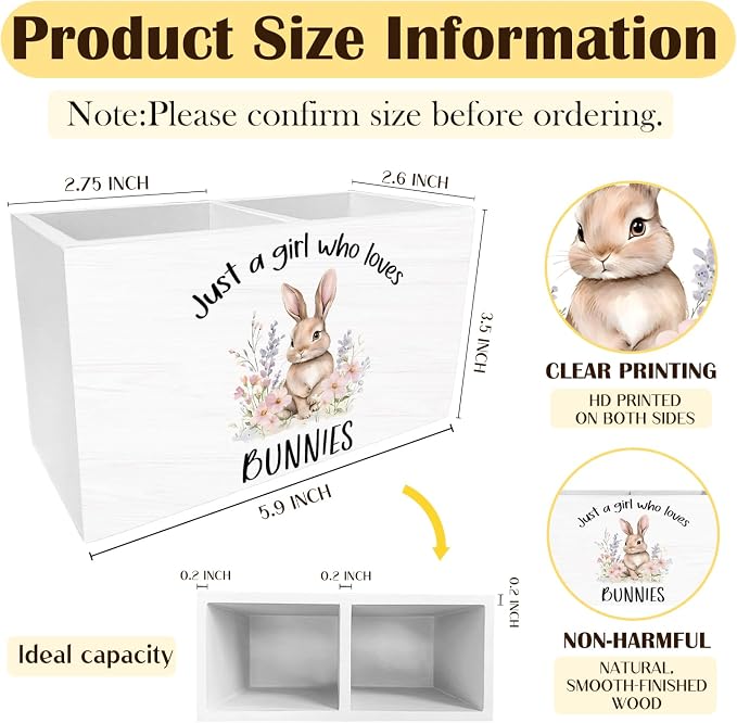 Floral Bunny Pen Holder for Desk, Rabbit Bunny Lovers Gifts Pencil Organizer, Just a Girl Who Loves Bunnies Wooden Box Sign Desk Decor for Home Office Decoration