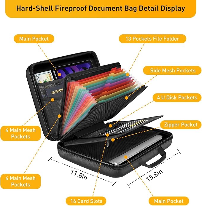 Fireproof Document Organizer Bag, 5200℉ File Organizer Safe Box, Hard Shell Document Bag with 13 Pocket Accordion File Folder