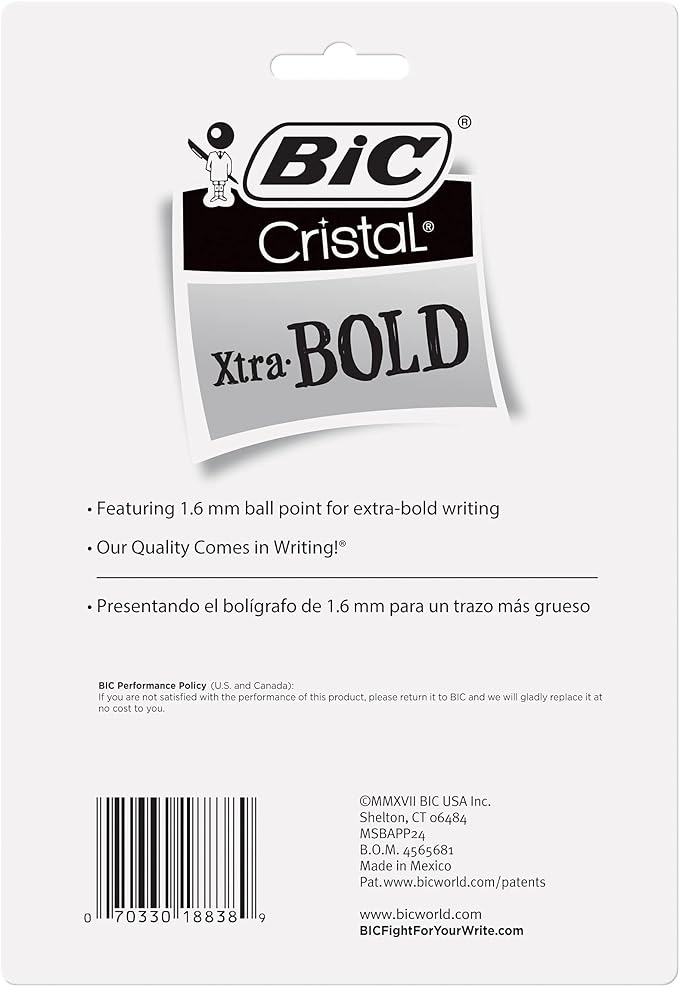 BIC Cristal Xtra Bold Ballpoint Pens,Bold Point (1.6mm) For Vivid And Dramatic Lines,Assorted Colors,Perfect Ink Pens,24 Count (Pack of 2)