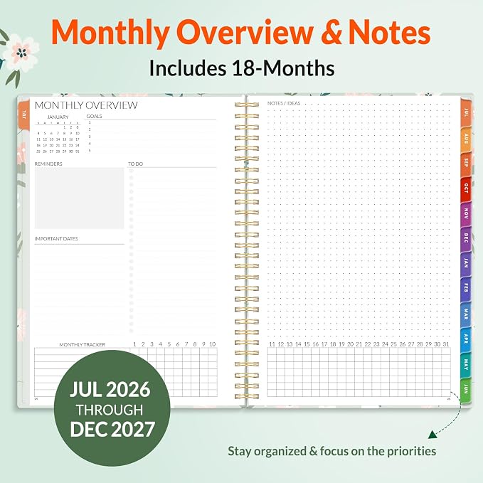 SUNEE Monthly Planner 2026-2027 - 18 Months Calendar Planner from Jul 2026 to Dec 2027, 7"x10" Yearly Planner with Tabs, Spiral Binding, Organizer for School Office Home, Green Wildflowers