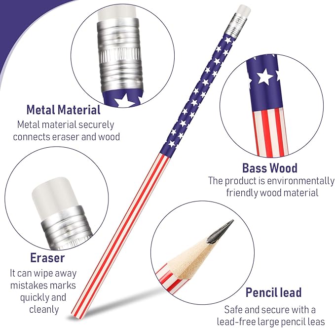 Outus 30 pcs American Flag Pencils USA Flag Patriotic Pencils with Erasers for Veterans Day, Independence Day, 4th of July Party Favors Party Favor, Office Supplies