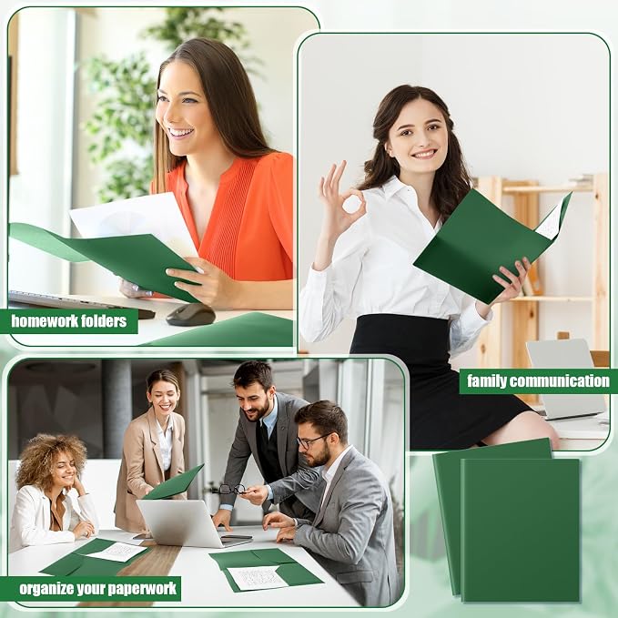 Gueevin 72 Pack Plastic Folder with Pockets, 2 Pocket Folders, Plastic Glossy Folders Fit Letter Size Paper, Heavy Duty Durable File Folder with Business Card for Home Office School (Dark Green)