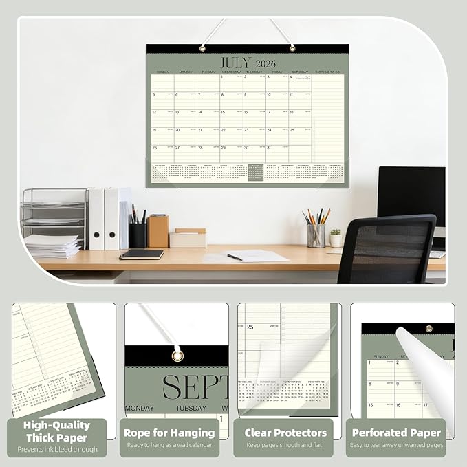 ZTX Desk Calendar 2026-2027,18 Months Calendar from July 2026 to December 2027,17" x 12" Big Calendars 2026-2027 Monthly Planner with Plastic Cover for Teacher Home Desk Top Green
