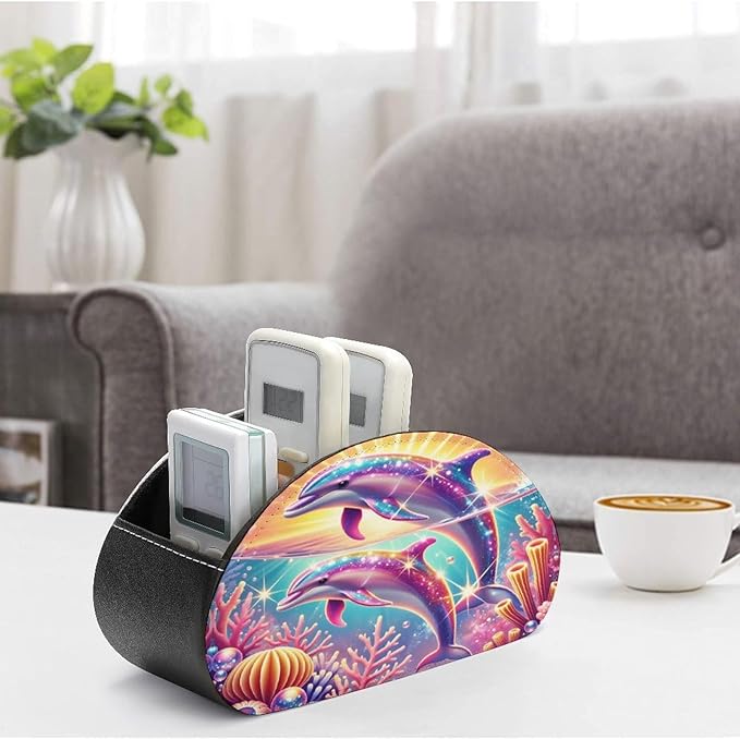 Dolphin Sunset Colorful Coral Reef Ocean Remote Control Holder with 5 Compartment PU Leather Multi Functional Desk Storage for TV Remotes Office Supplies