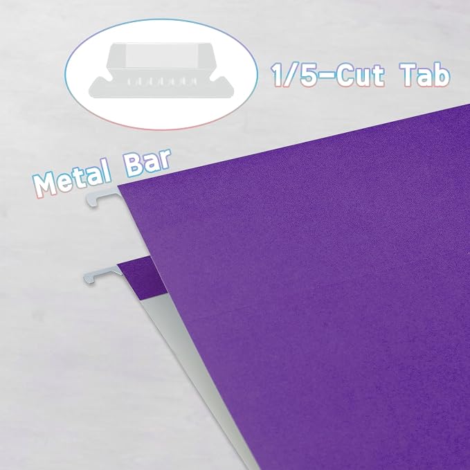 25 Packs Hanging File Folders with 1/5-cut Tab,Letter Size File Folders Purple for Filing Cabinet,Ideal Office,School Classroom Supplies