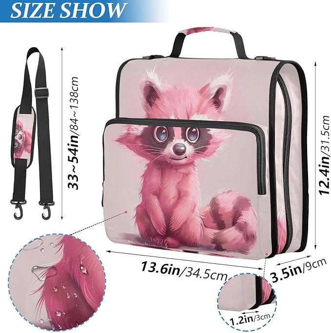 ALAZA Pink Raccoon Cartoon 3 Ring School Zipper Binder Bag Expanding File Folder Case Briefcase with Shoulder Strap
