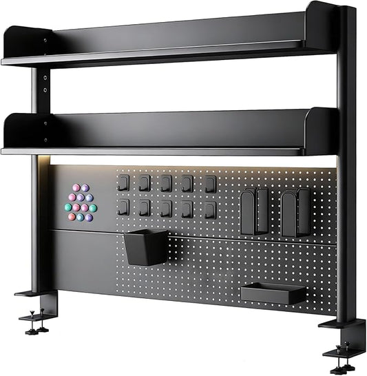 CHSSIH Clamp On Desk Pegboard Shelf - Metal Desktop Organizer Hutch with 2 Shelves for Storage and Display, Desk Add-On Shelf for Office, Dorm, or Computer Monitor Stand, Black, 23.6In