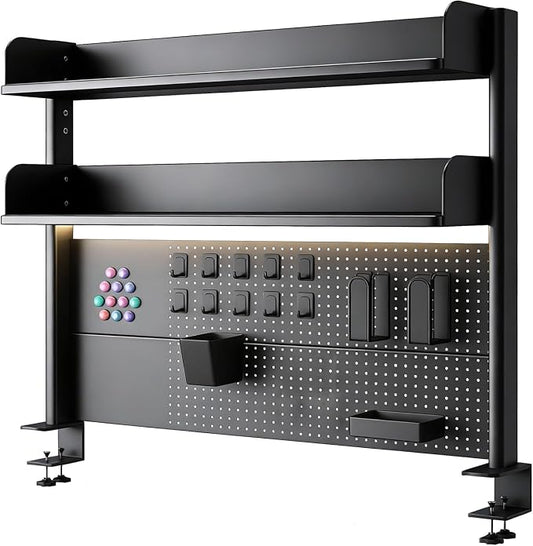 CHSSIH Clamp On Desk Pegboard Shelf - Metal Desktop Organizer Hutch with 2 Shelves for Storage and Display, Desk Add-On Shelf for Office, Dorm, or Computer Monitor Stand, Black, 39.3In