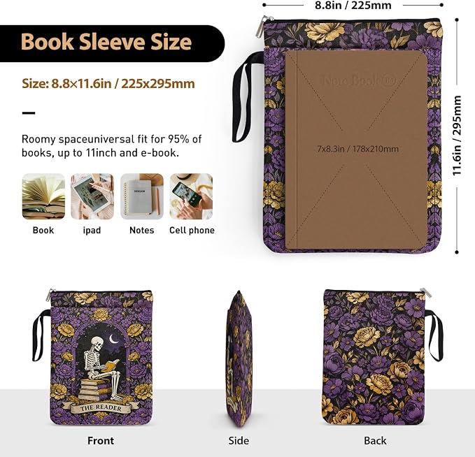 Gothic Skull Purple Garden Book Sleeve Pouch for Women Book Lovers, Fantasy Novel Reader Gifts for Reader Writer, Tarot Book Covers for Paperbacks with Handle, Reading Accessories for Student