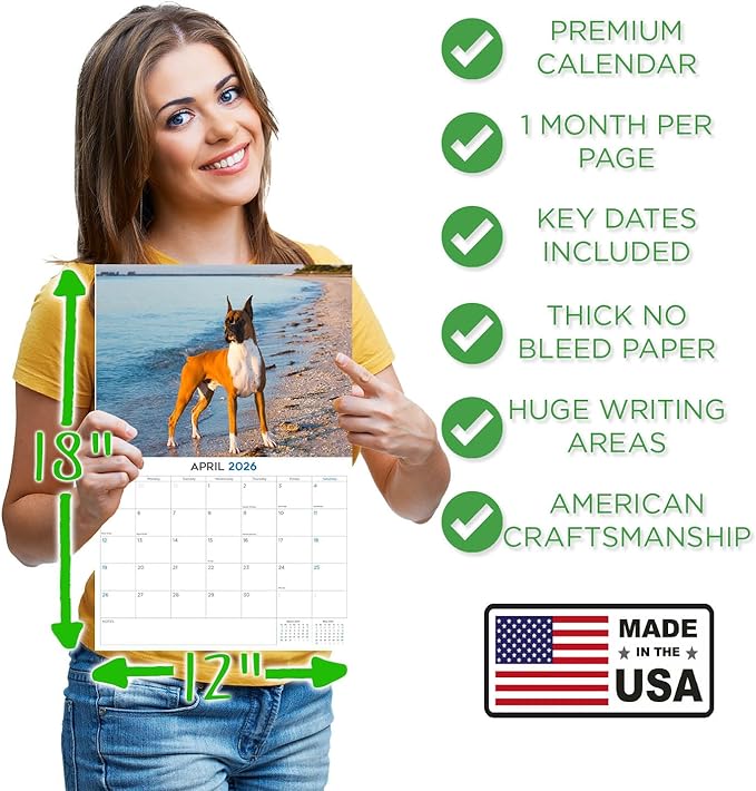 2025 2026 Boxer Calendar - Dog Breed Monthly Wall Calendar - 12" x 18" Open - Thick No-Bleed Paper - Giftable - Academic Teacher's Planner Calendar Organizing & Planning - Made in USA