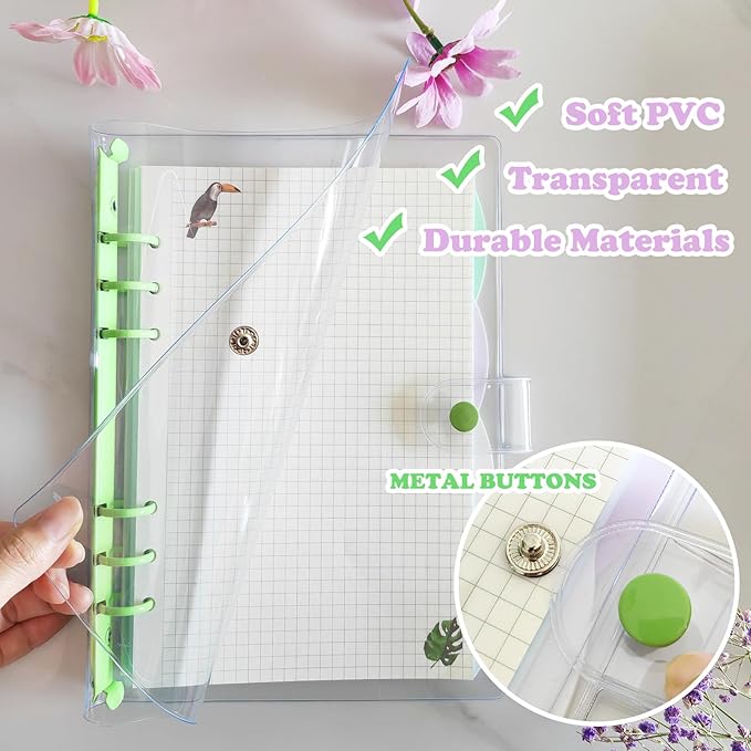 DY.2ten Pack of 2 Transparent Soft PVC 6-Ring Binder Cover with Snap Button Closure for 6 Hole Planner Pages Refill Insert (A5, Clear Cover + Yellow/Green Binder)