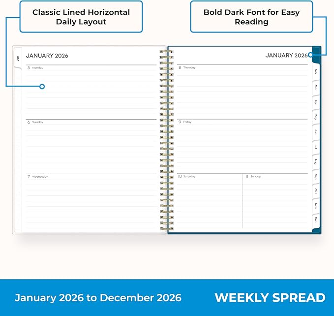 Blue Sky 2026 Weekly and Monthly Planner Calendar, January 2026 - December 2026, 8.5" x 11", Flexible Cover, Laminated Tabs, Durable Twin Wire Binding, Storage Pocket, Bakah Blue