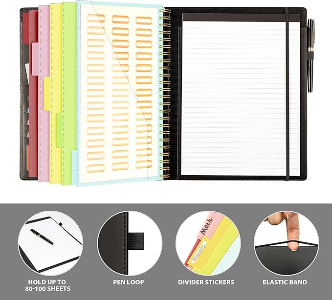 Ospelelf Clipboard with Storage for Men Women, Leather Padfolio Portfolio Organizer 5 Folders with 10 Pockets, Spiral Clipboard Folio with Notepad for Letter Size, Elastic Closure and Pen Loop Black