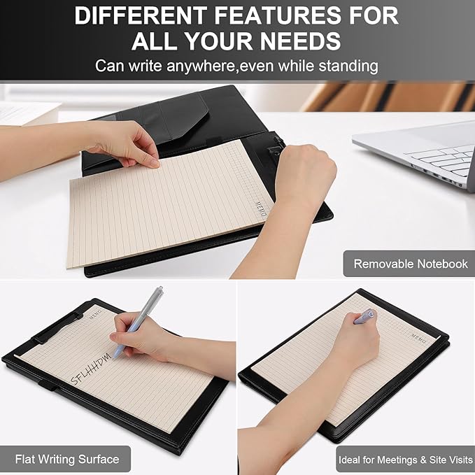 Clipboard Padfolio with Storage Pocket,Clipboard Folder Portfolio Organizer,360 Degree Foldable Clipboards with Refillable Notepad,Faux Leather Padfolio Organizer for Office School Supplies-Dark Black