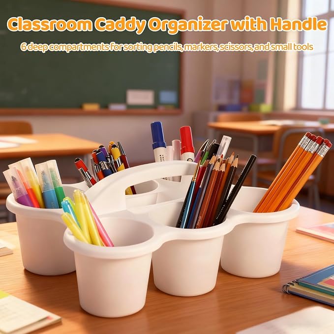 4 PCS Classroom Caddy Organizer, Plastic Desk Storage Bin with Handle, 6-Compartment Pencil Stationery Organizer, Art Supply Caddy for Classroom, Office, Home, Kitchen
