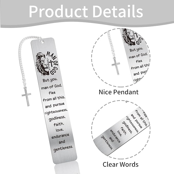 Lion Christian Bookmark Gifts for Men: Scripture Metal Book Mark with Cross Pendant, Bible Study Accessories for Men, Religious Graduation Gifts for Him with Box, School Office Church Supplies