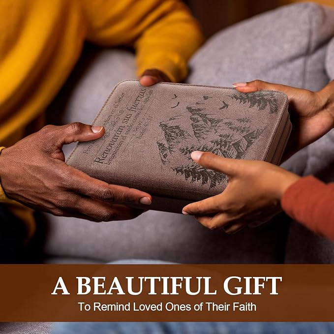 Fullhawl Spanish Bible Cover for Men Women PU Leather Bible Case 11x7.5x2.3 Inches Large Waterproof Christian Biblia Cover Print Decor for Wedding Church Religious Gift(Landscape)