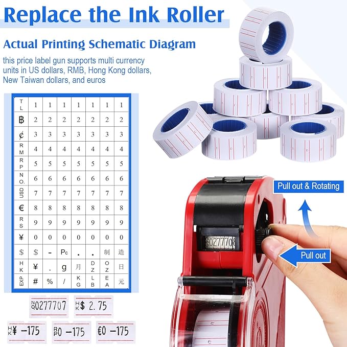 Dunzoom 3 Pack 8 Digits Price Tag Gun Label Pricing Gun Kit with 12000 Labels & 9 Ink Rollers for Retailer Supermarket Grocery Store Food(Red, Blue, Yellow)