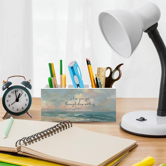 Christian Isaiah 43:2 Pen Pencil Holder Gifts for Women Desk, Beach Summer Bible Office Desk Accessories, Religious When You Go Through Deep Waters Pen Holders Organizer for Bathroom Office