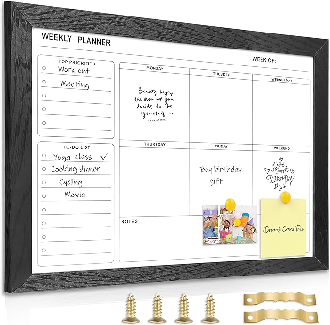 White Board Weekly Calendar Dry Erase Planner for Wall-16"X12",Black Solid Wood Frame,Minimal/Modern Design, Magnetic Whiteboard Planner for to Do List, Memo, School, Home, Office, Kitchen
