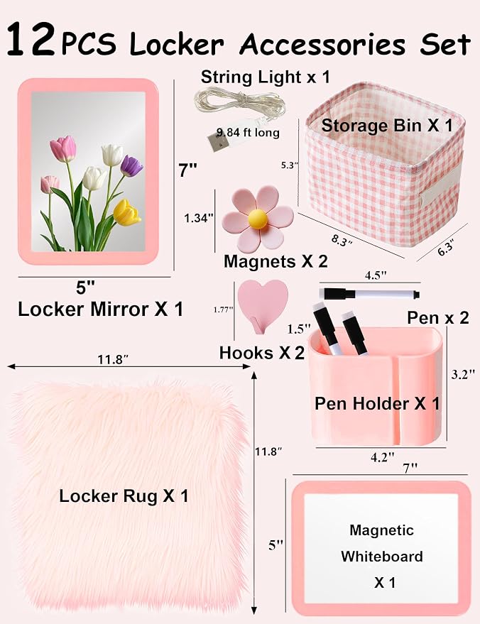 12 Pcs Pink Locker Accessories Kit Locker Organizer for Girls, Magnetic Whiteboard Magnet Mirror Rug Pen Holder Basket Hook String Light, Back to School Locker Kit for School Locker Decor Office
