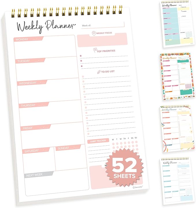 Decorably 52 Sheets Nude Pink Undated Weekly Planner Notepad Tear Off, 6.5x10in Spring-Bound Design, With Focus, Priorities, To Do List, Habit Tracker, Notes and Doodles - Home, School, Office