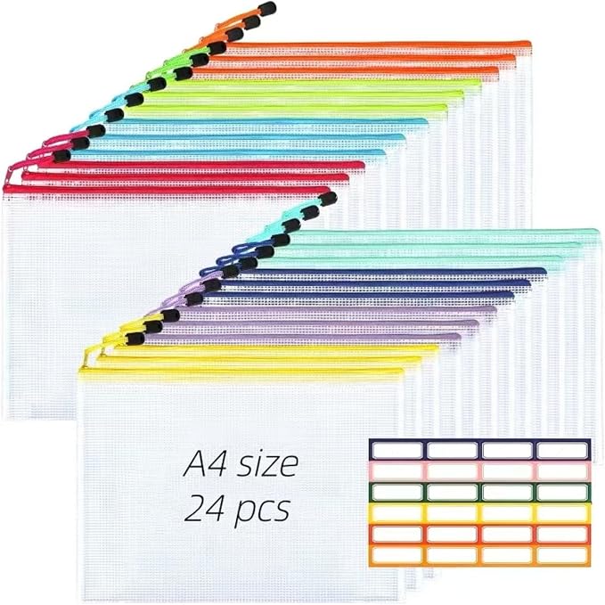 A4 Mesh Zipper Pouches, 24pcs 8 Colors - Plastic Zipper Bags for Organizing, School/Office/Home