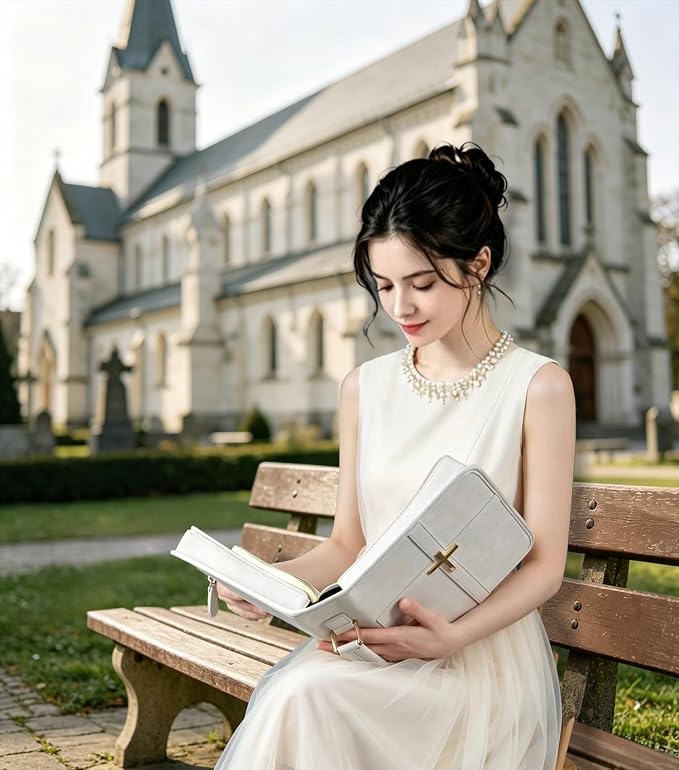 Vegan Leather Bible Cover for Men & Women, Bible Case with Gift Box, Christian Catholic Religious Bible Gifts (White)