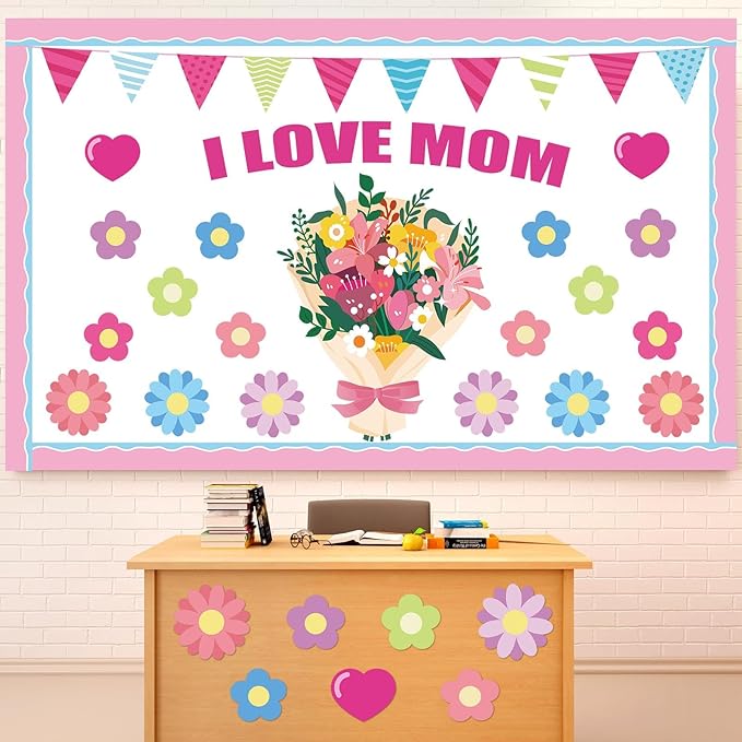 QOUBAI Mother's Day Bulletin Board Set I Love Mom Classroom Bulletin Board Decorations Mothers Day Flower Heart Cutouts Classroom Decorations for Preschool Nursery Toddler Kids Spring Decor Wall Door
