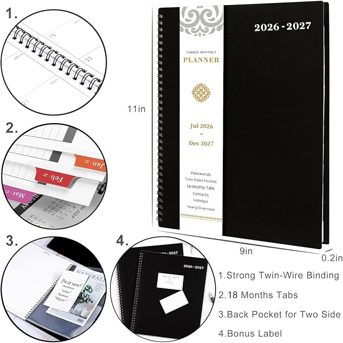 2026-2027 Monthly Planner -Planner 2026-2027, JUL 2026 - DEC 2027 Planner, 18 Monthly Calendar with Tabs & Pocket & Label, Contacts, 9" x 11", Thick Paper, Twin-Wire Binding, Black