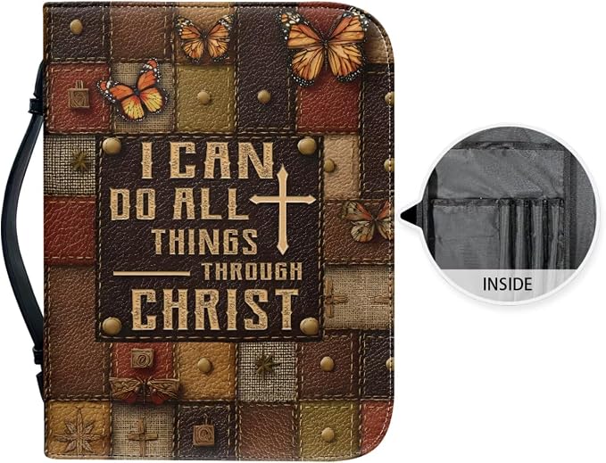 Vintage Cross and Butterfly Bible Case with Bookmark Waterproof Bible Cover Case for Women Lightweight Bible Bag with Handle Pockets Church Book Bag Brown