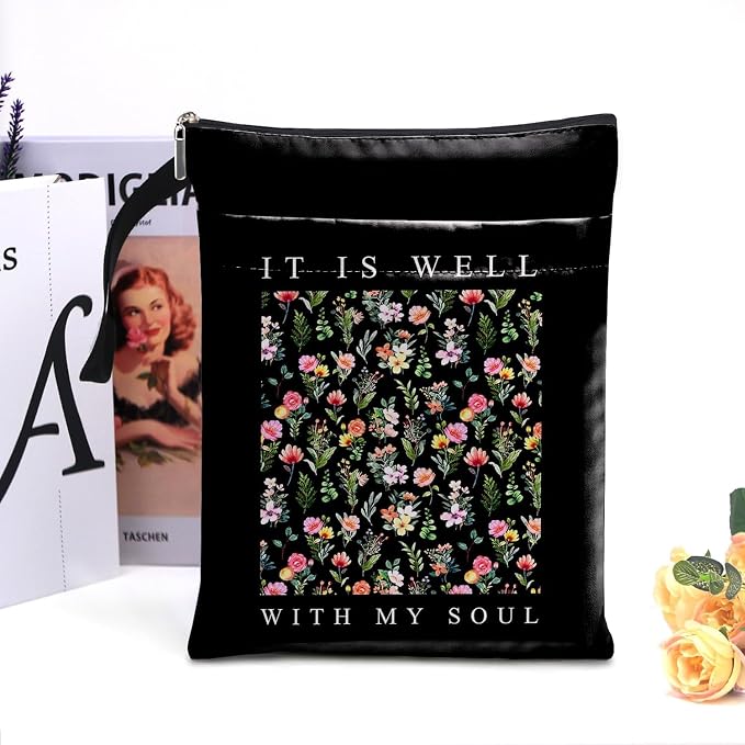 It is Well with My Soul Book Sleeve Christian Book Cover,Book Lovers Gifts Waterproof Book Cover for paperbacks with Zipper and Front Pocket Book Pouch for Women Teacher Student Gifts (Black, Large)