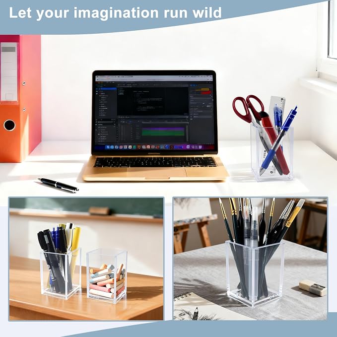 20 Pack Clear Acrylic Pen Holders, Pencil Cups and Makeup Brush Organizers : Durable Desk Accessories for Classroom, Office and School Storage