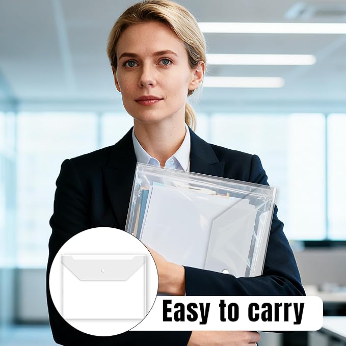 100 Pcs Clear Envelopes with Button Snap Closure, A4 Letter Size Plastic Envelope Folders for Documents Water-Resistant Envelope File Folder for Office Home Supplies